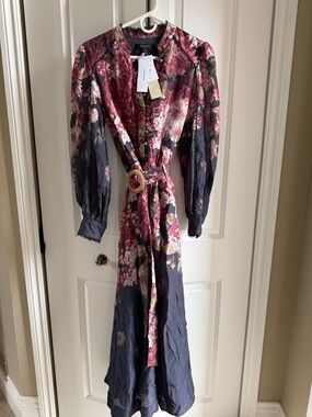 Ever New Red & Navy Floral Button-Up Jacket with Belt Detail